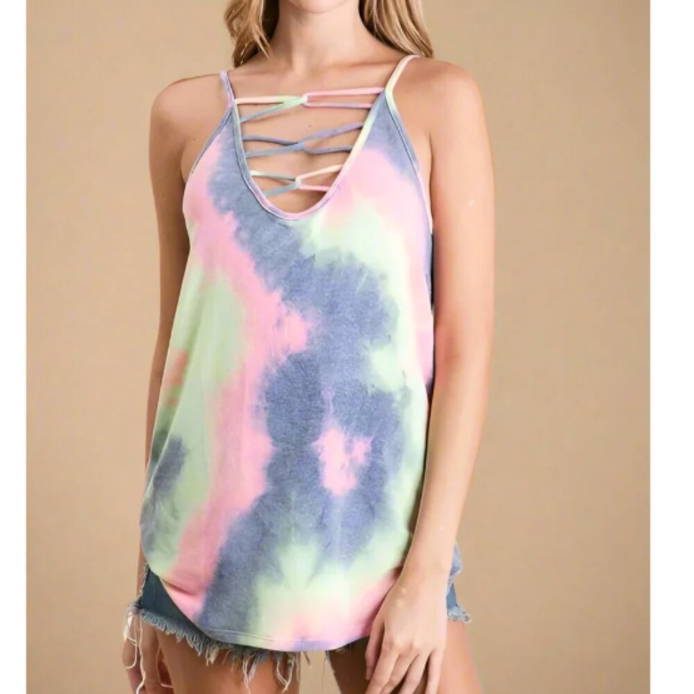 Pastel Tie-Dye Crisscross Strap Tank by BiBi. NWT.